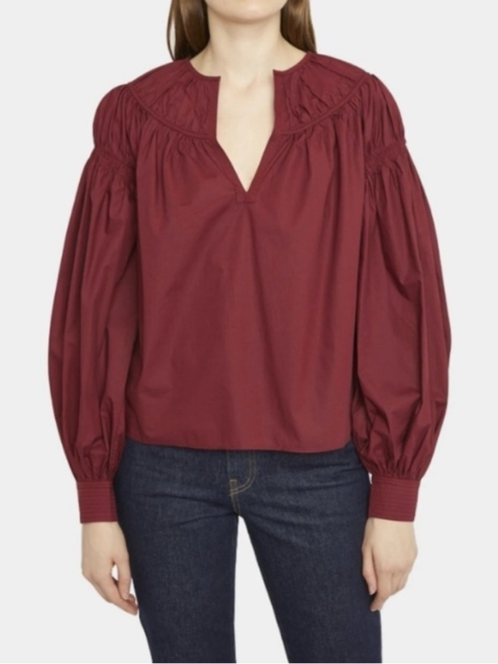 Ulla Johnson Ora Bordeaux Red V-Neck Bishop Long Sleeve Ruched Blouse Top 2